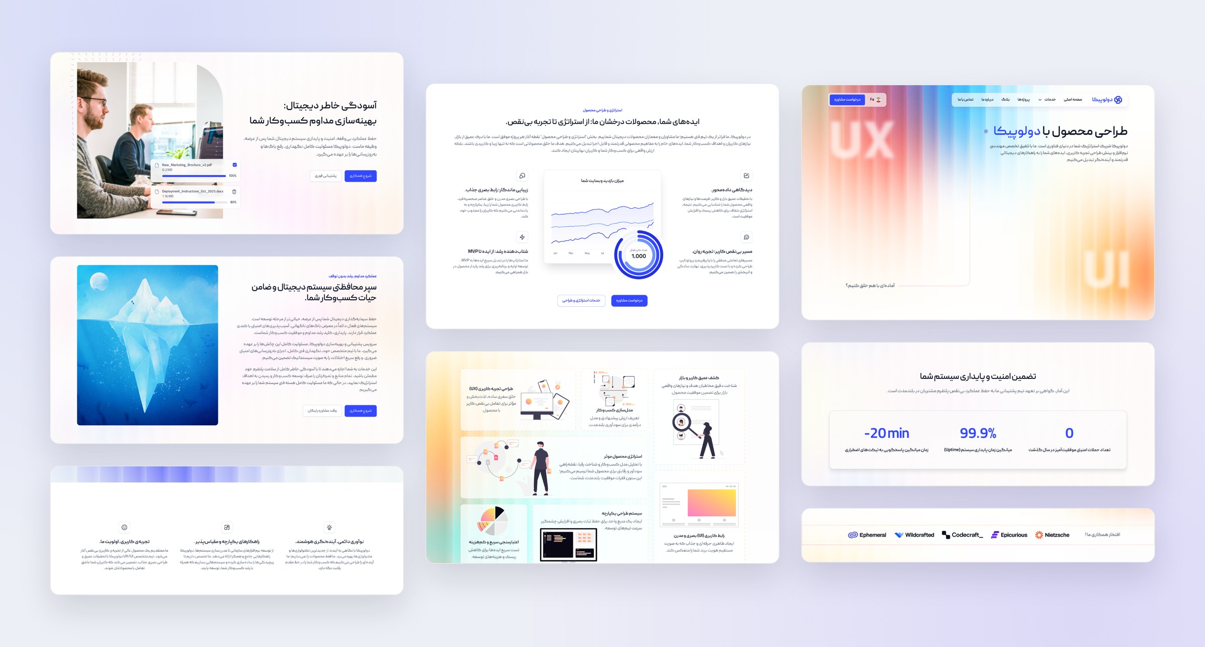 Developica — eight sections of the homepage, light theme