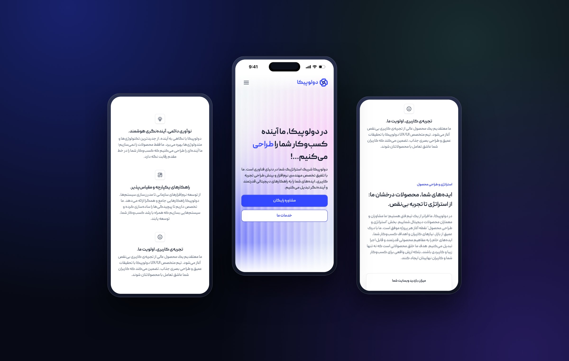 Developica — three phones, three different sections of the same page