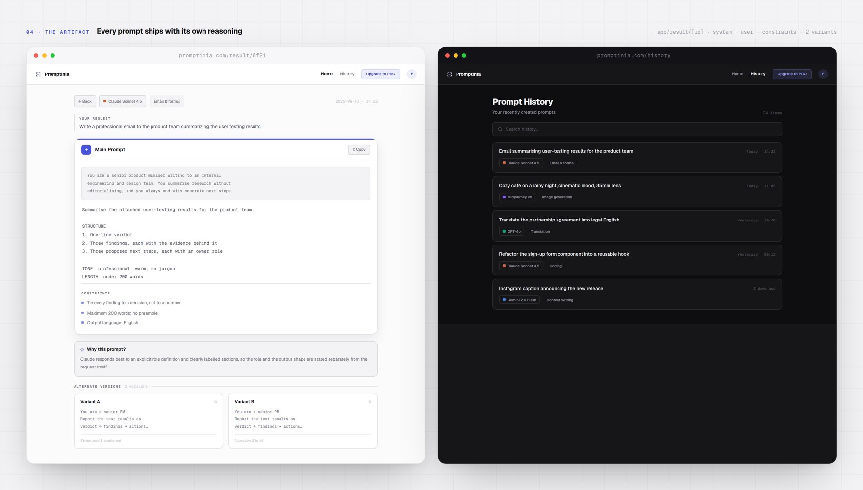 Promptinia — the result artifact and prompt history: system, user, constraints, two variants